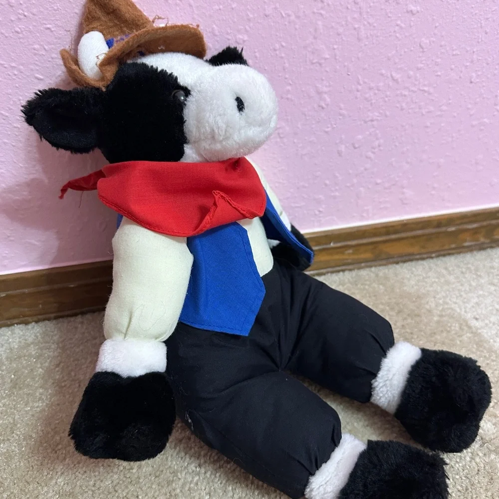 Vintage 1995 Sugar Loaf Holstein Cow Plush 14” Cowboy Western Clothing Puffy
